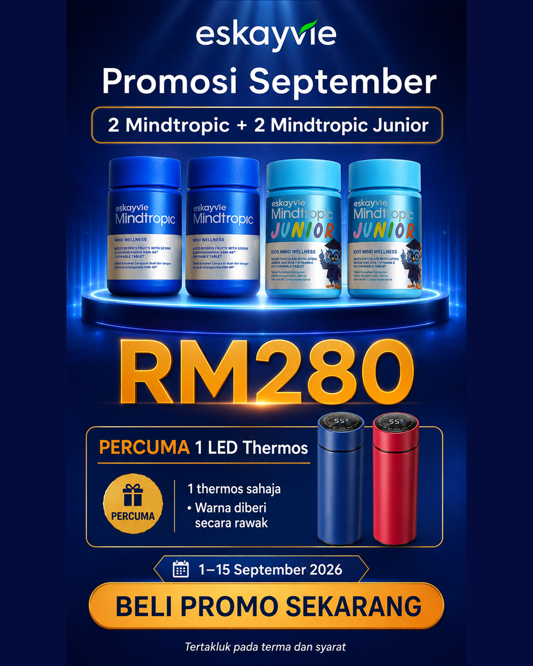 Promosi 2 Mindtropic dan 2 Mindtropic Junior RM280 dengan satu LED Thermos percuma, 1 hingga 15 September 2026