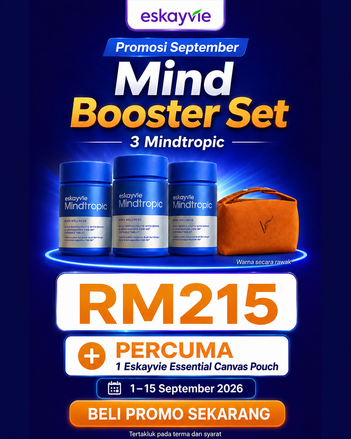 Promosi 3 botol Mindtropic RM215 dengan pouch percuma, 1 hingga 15 September 2026